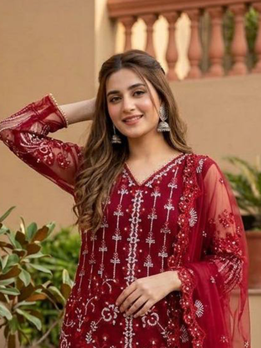 Marron Heavy Soft Net Embroidery Sequins Beads Party Wedding Festival Casual Ready Palazzo Pant Salwar Kameez