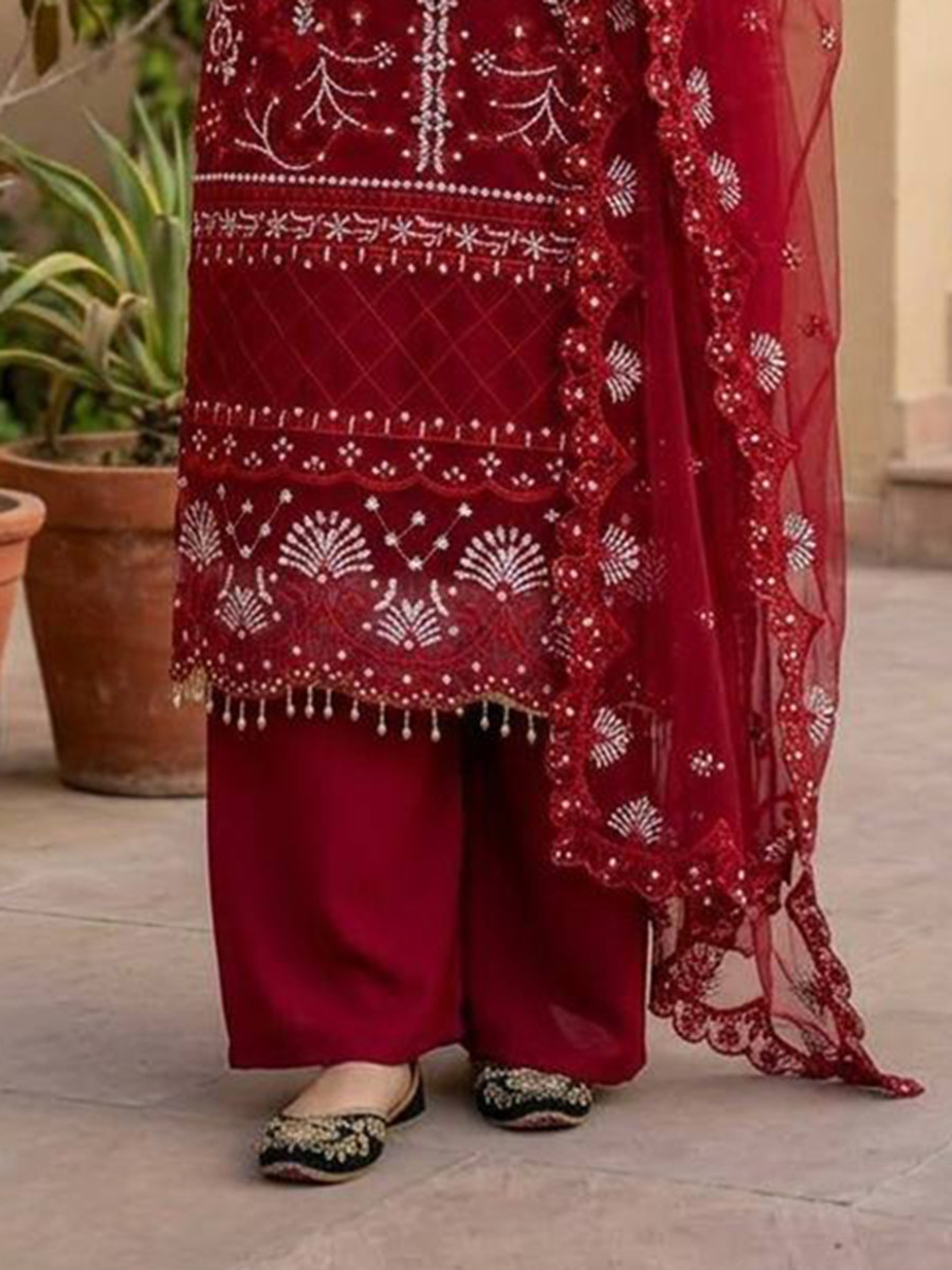 Marron Heavy Soft Net Embroidery Sequins Beads Party Wedding Festival Casual Ready Palazzo Pant Salwar Kameez