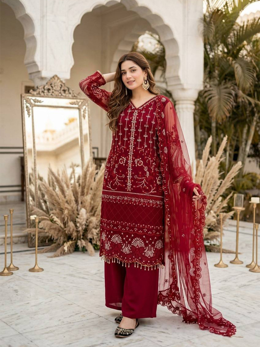 Marron Heavy Soft Net Embroidery Sequins Beads Party Wedding Festival Casual Ready Palazzo Pant Salwar Kameez