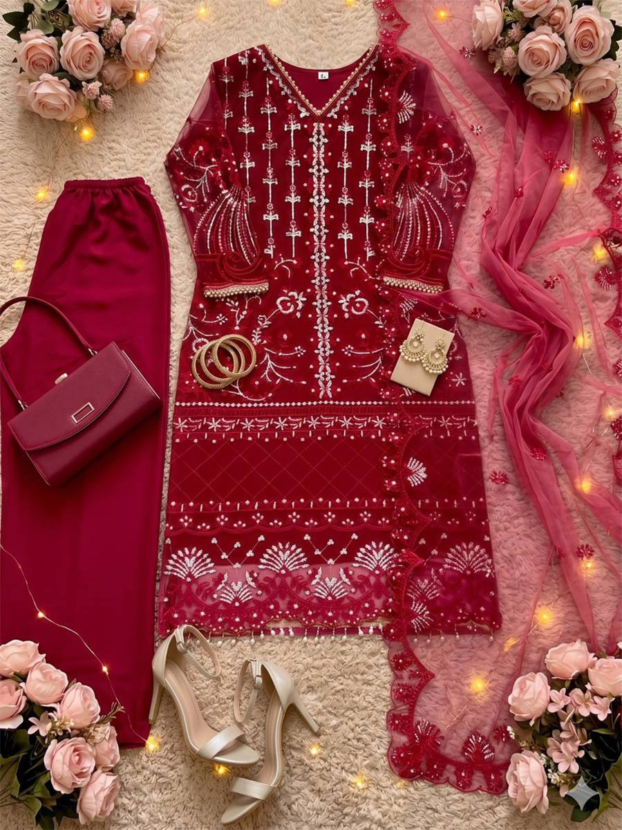 Marron Heavy Soft Net Embroidery Sequins Beads Party Wedding Festival Casual Ready Palazzo Pant Salwar Kameez