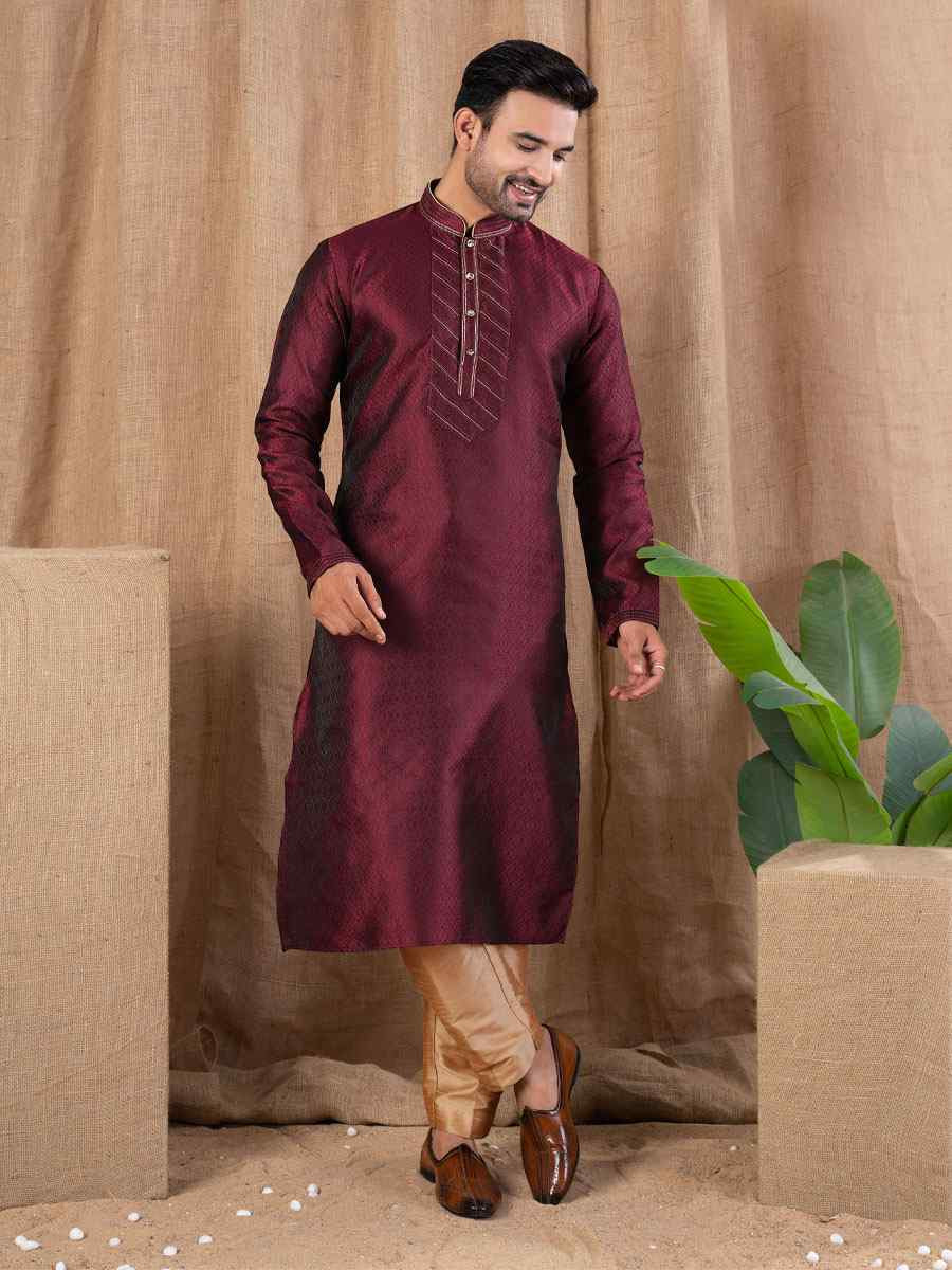 Marron Jacquard Embroidery Festival Wedding Party Mens Kurta