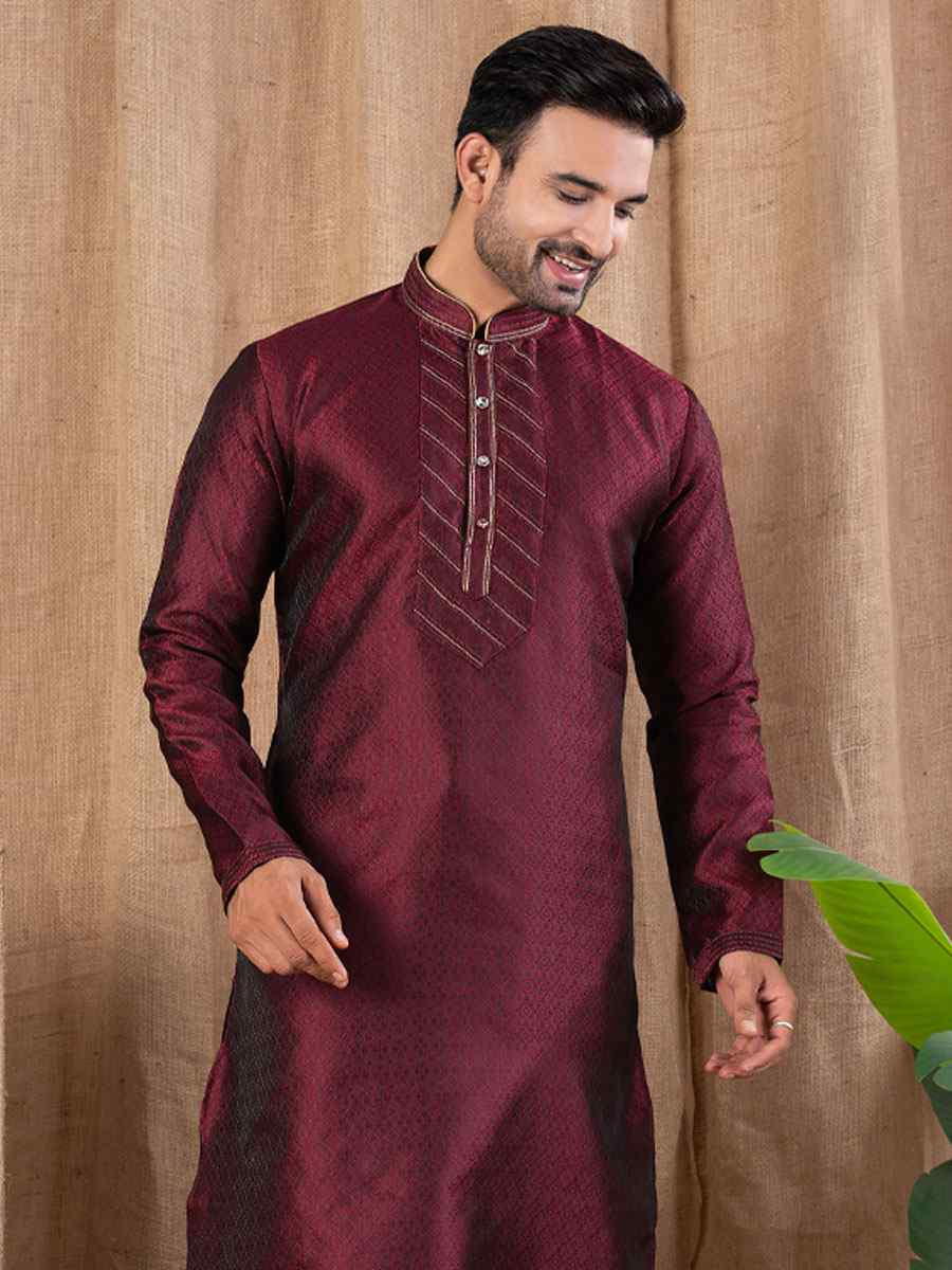 Marron Jacquard Embroidery Festival Wedding Party Mens Kurta