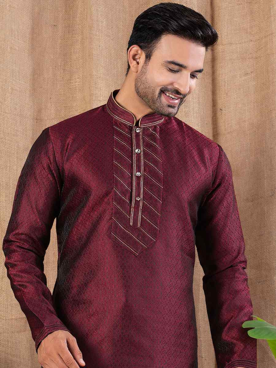 Marron Jacquard Embroidery Festival Wedding Party Mens Kurta