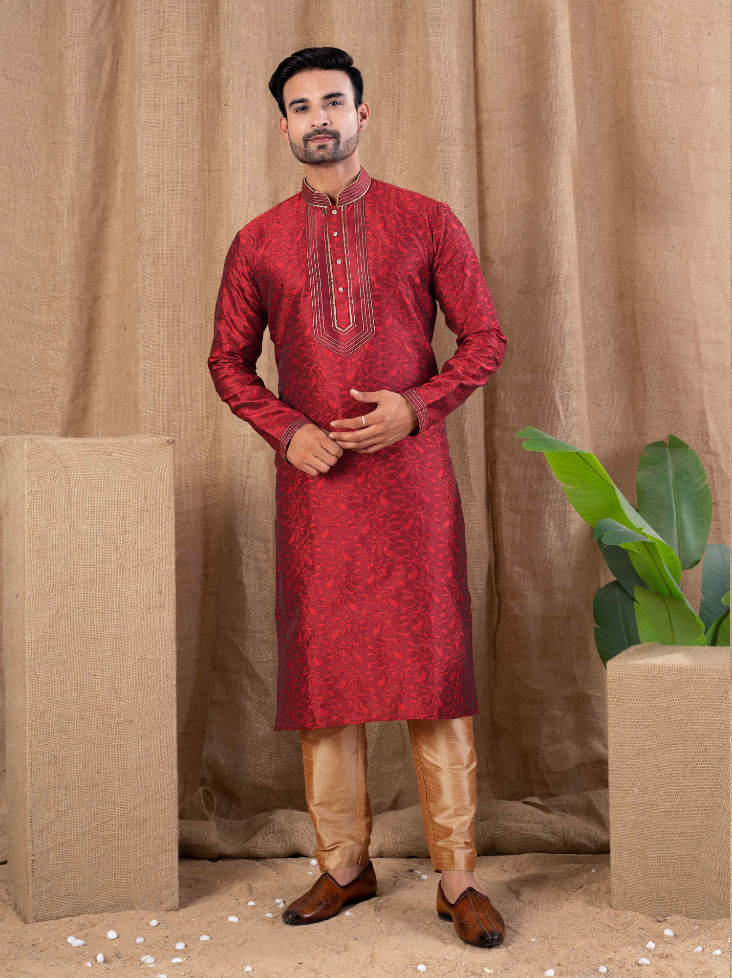 Marron Jacquard Embroidery Festival Wedding Party Mens Kurta