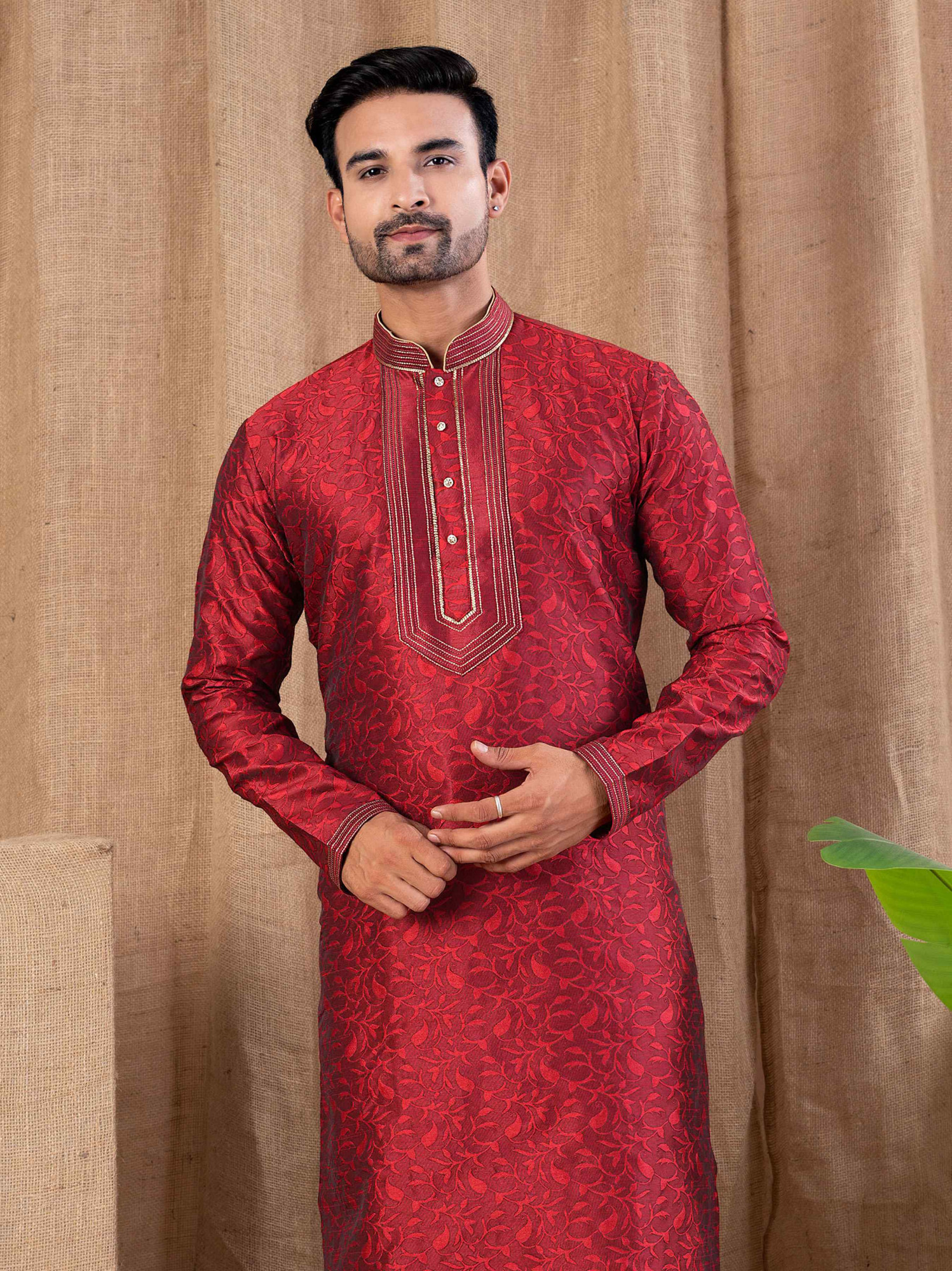 Marron Jacquard Embroidery Festival Wedding Party Mens Kurta