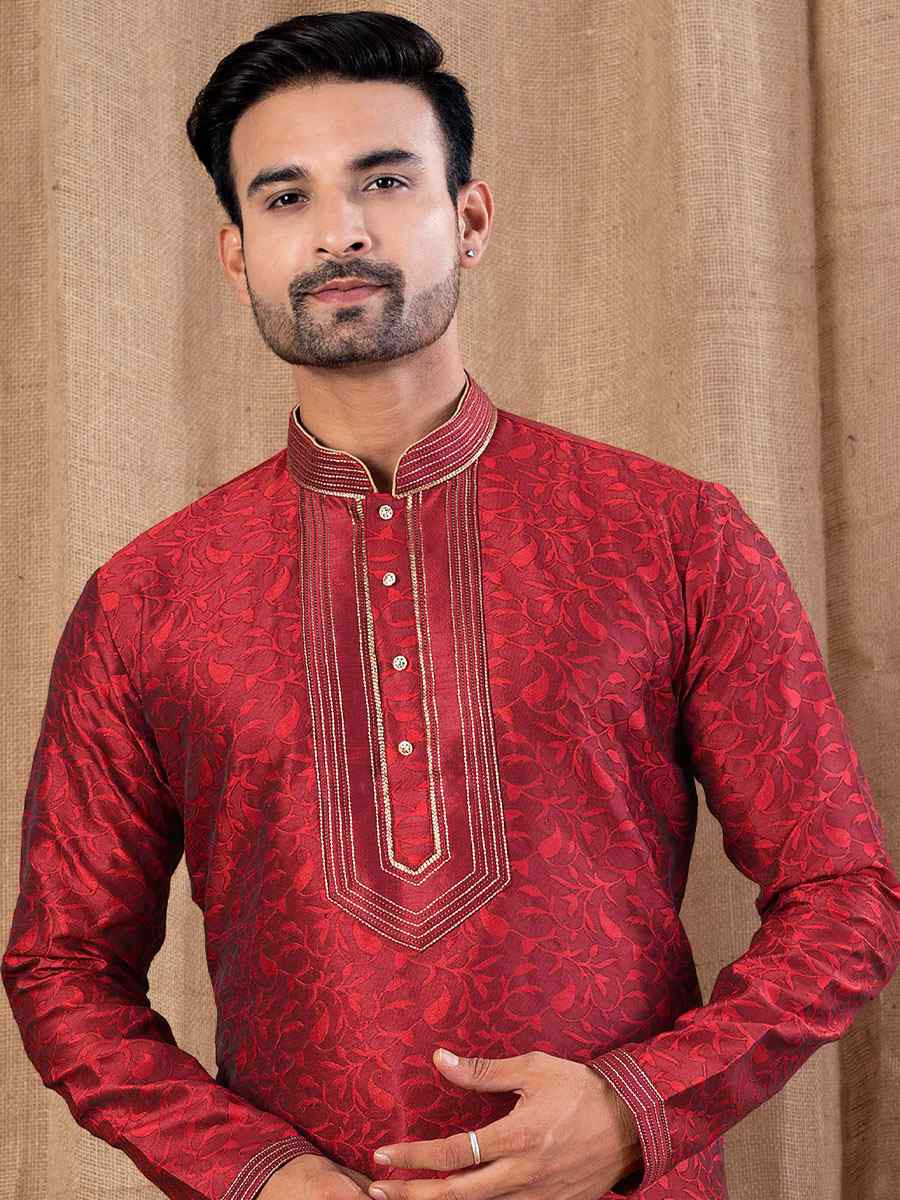 Marron Jacquard Embroidery Festival Wedding Party Mens Kurta