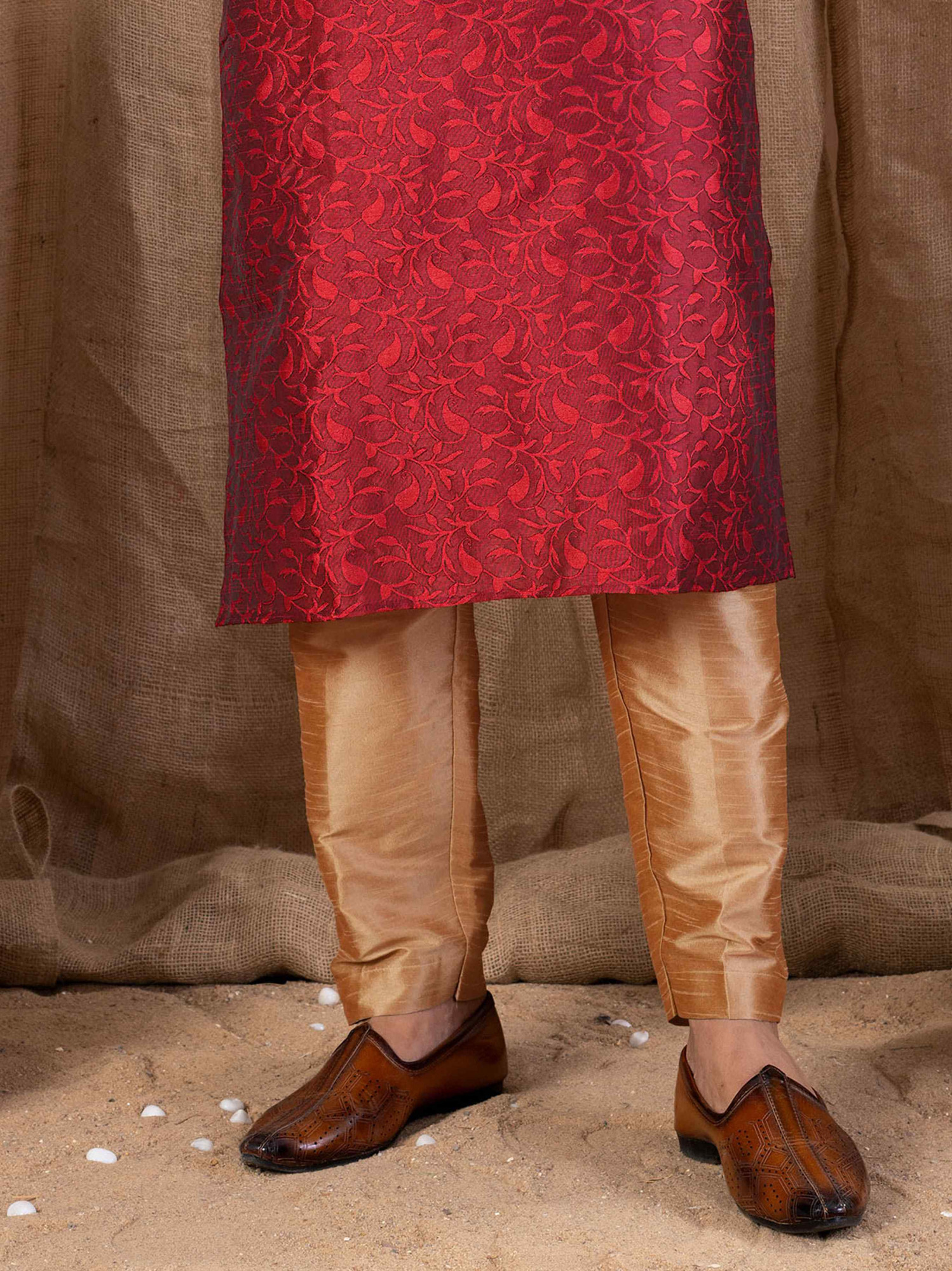 Marron Jacquard Embroidery Festival Wedding Party Mens Kurta