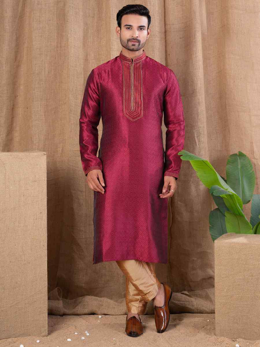 Marron Jacquard Embroidery Festival Wedding Party Mens Kurta