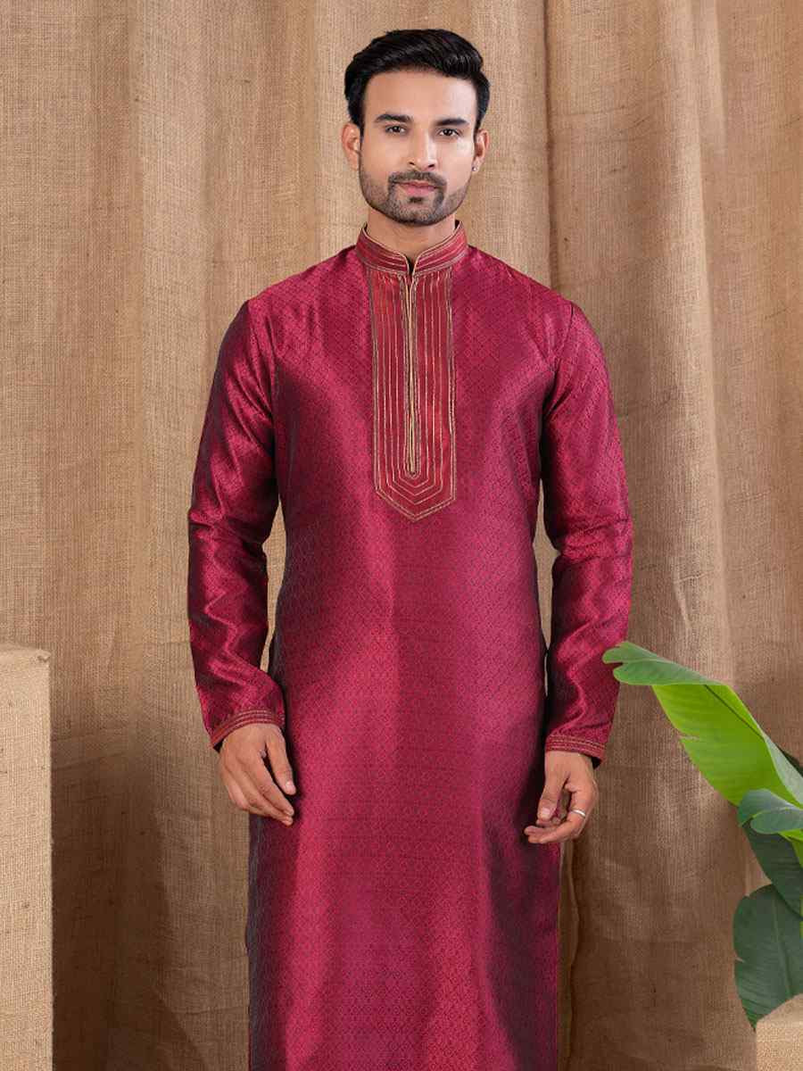 Marron Jacquard Embroidery Festival Wedding Party Mens Kurta