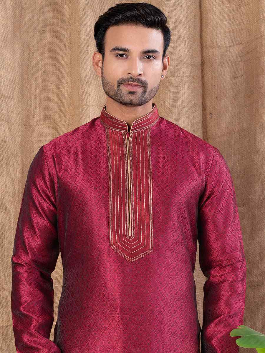 Marron Jacquard Embroidery Festival Wedding Party Mens Kurta