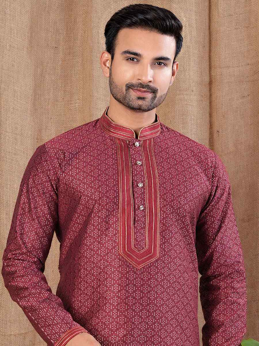 Marron Jacquard Embroidery Festival Wedding Party Mens Kurta
