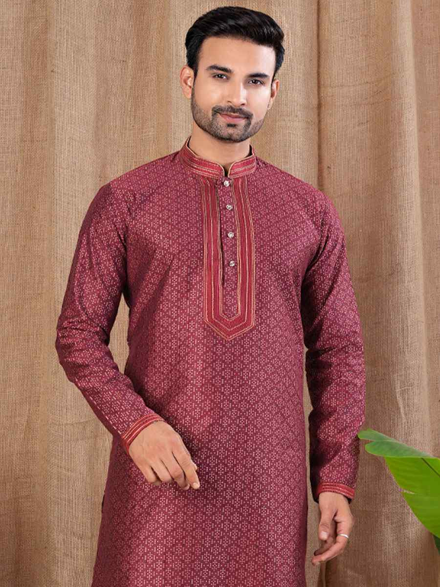 Marron Jacquard Embroidery Festival Wedding Party Mens Kurta