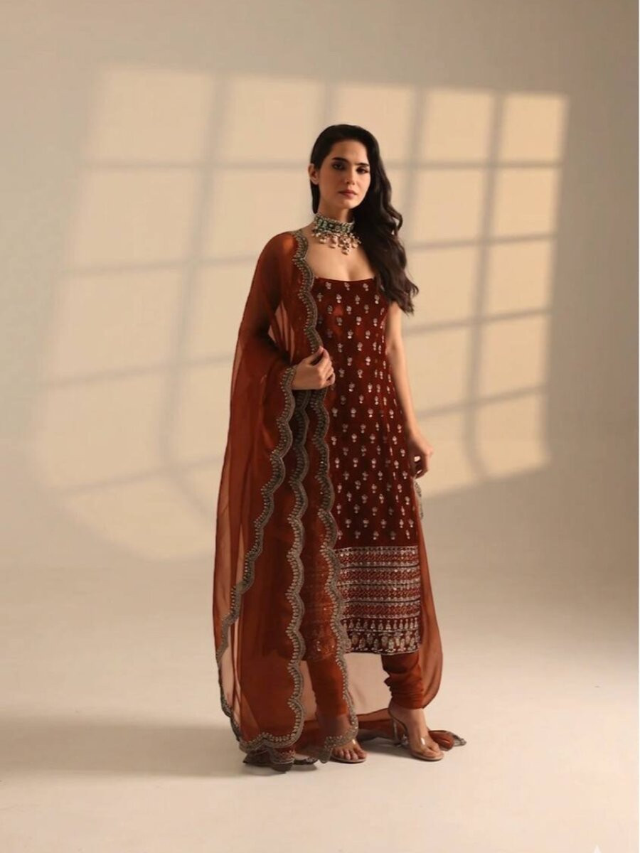 Marron Roman Glass Satin Embroidery Wedding Party Festival Casual Ready Churidar Salwar Kameez