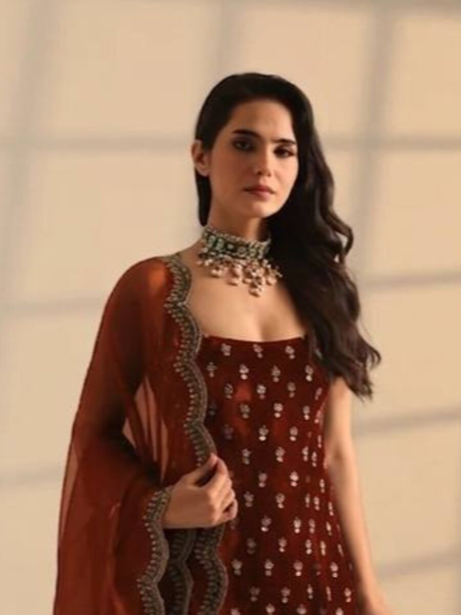 Marron Roman Glass Satin Embroidery Wedding Party Festival Casual Ready Churidar Salwar Kameez