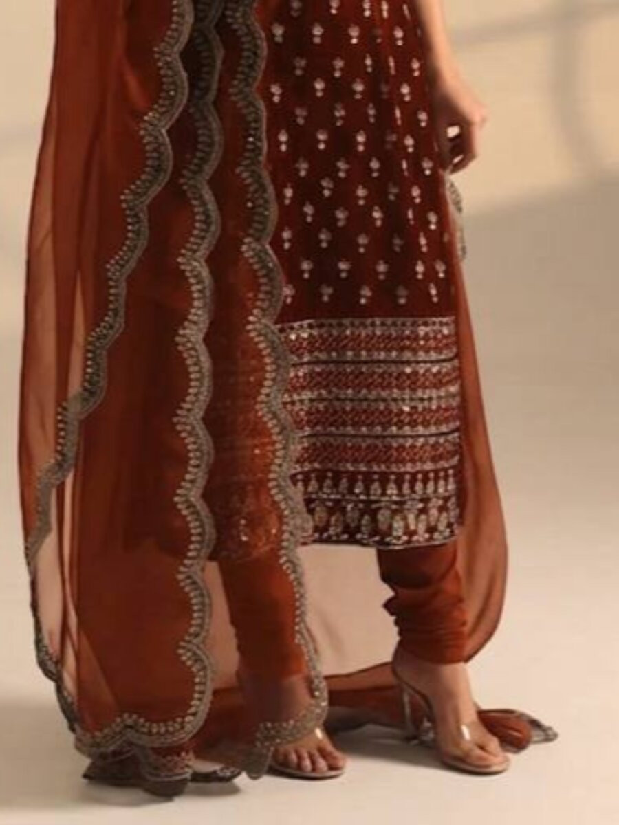 Marron Roman Glass Satin Embroidery Wedding Party Festival Casual Ready Churidar Salwar Kameez