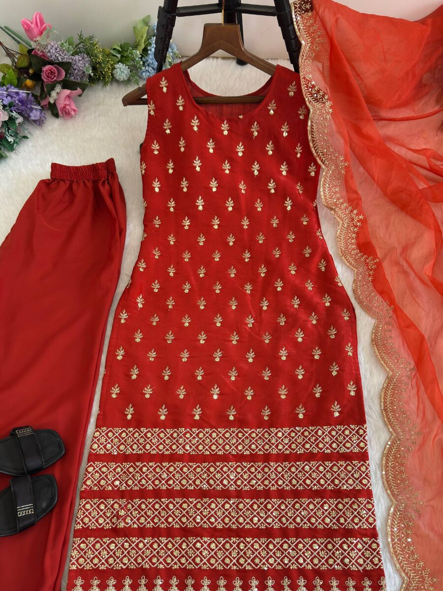 Marron Roman Glass Satin Embroidery Wedding Party Festival Casual Ready Churidar Salwar Kameez