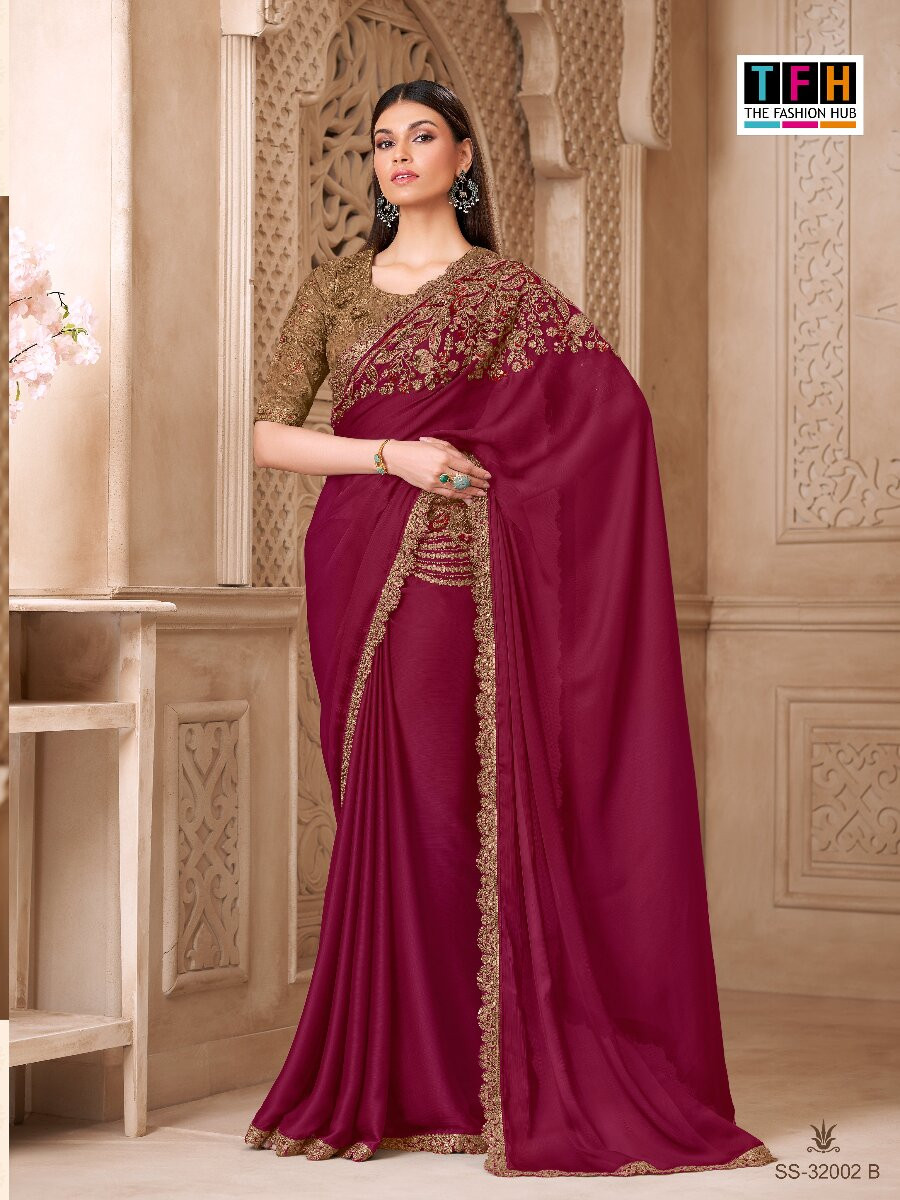 Marron Satin Silk Embroidery Sequins Wedding Reception Party Festival Heavy Border Sarees