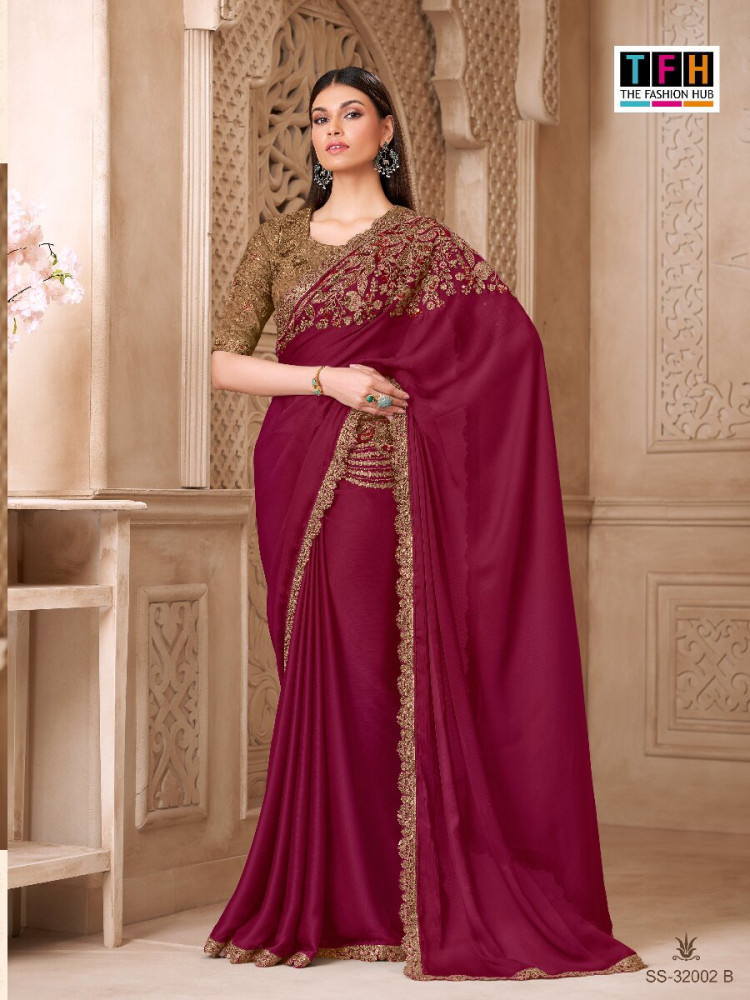 Image of Marron Satin Silk Embroidery Sequins Wedding Reception Party Festival Heavy Border Sarees