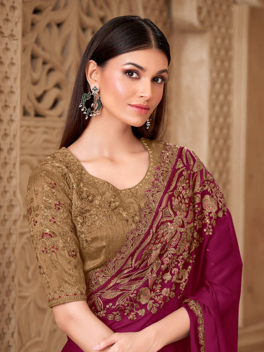 Marron Satin Silk Embroidery Sequins Wedding Reception Party Festival Heavy Border Sarees