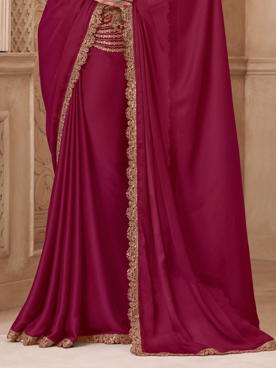 Marron Satin Silk Embroidery Sequins Wedding Reception Party Festival Heavy Border Sarees