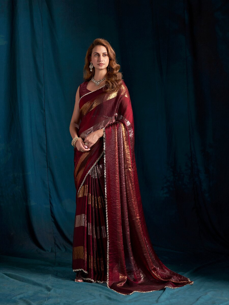Marron Satin silk Zircon Stone Wedding Reception Party Festival Casual Classic Style Sarees