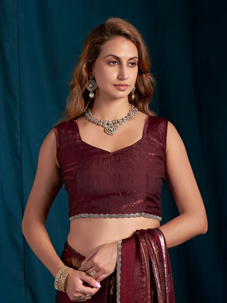 Marron Satin silk Zircon Stone Wedding Reception Party Festival Casual Classic Style Sarees