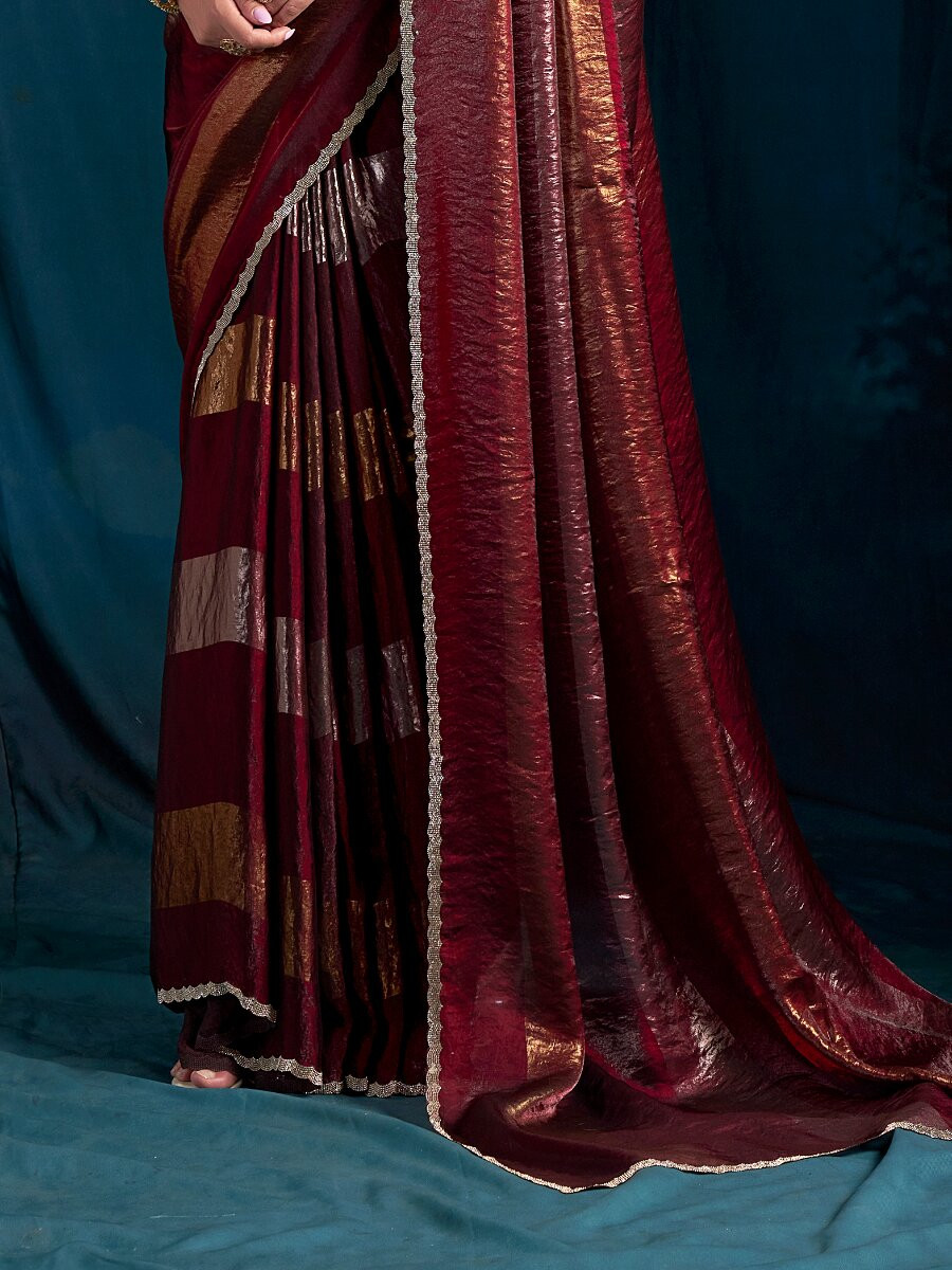 Marron Satin silk Zircon Stone Wedding Reception Party Festival Casual Classic Style Sarees