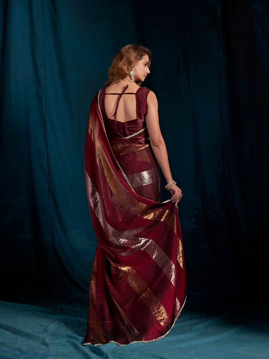 Marron Satin silk Zircon Stone Wedding Reception Party Festival Casual Classic Style Sarees
