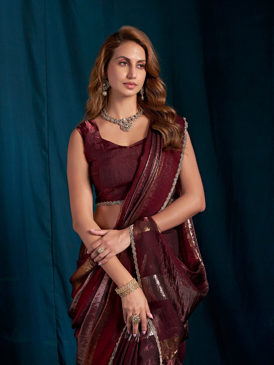 Marron Satin silk Zircon Stone Wedding Reception Party Festival Casual Classic Style Sarees