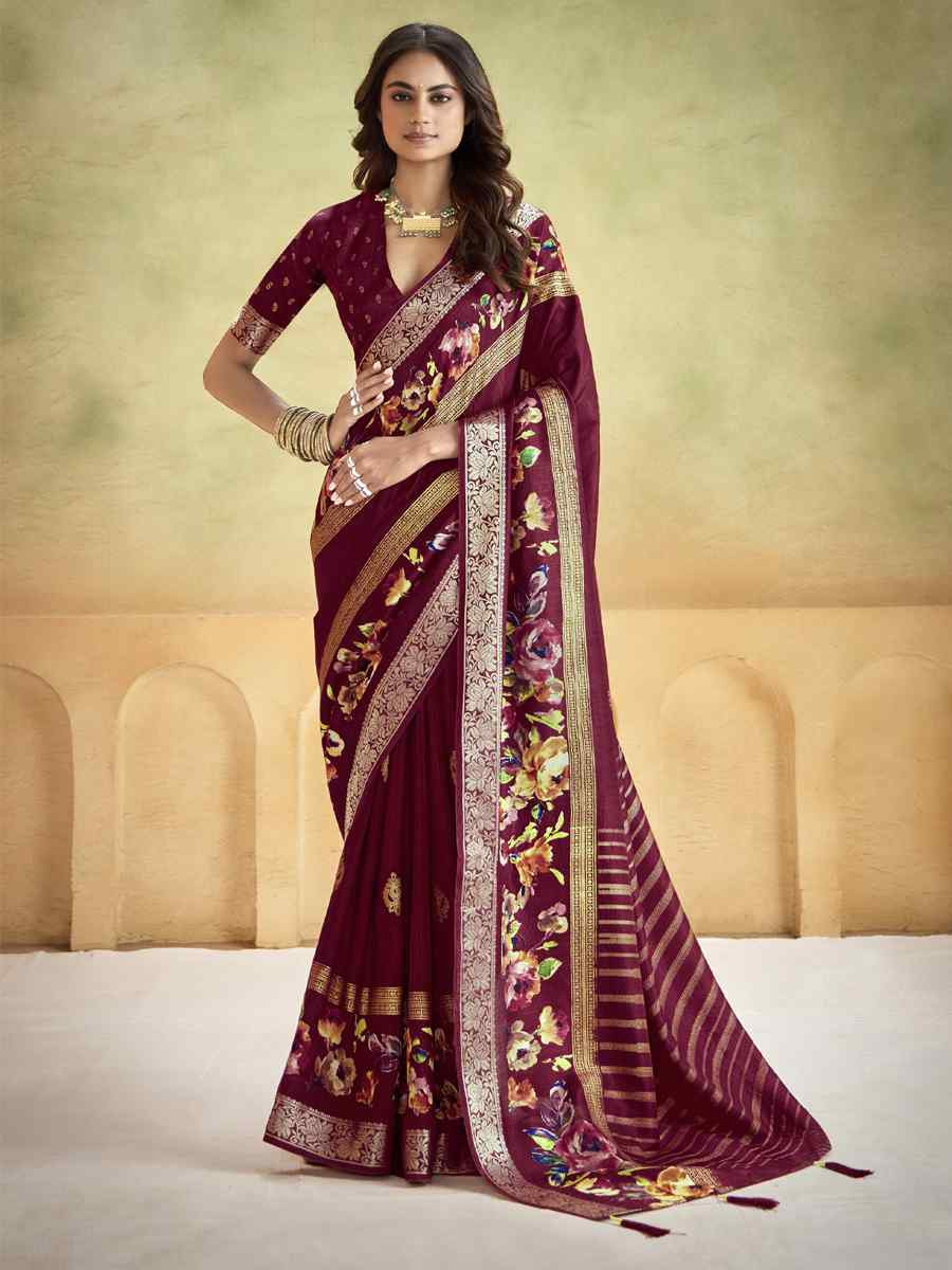 Marron Silk Printed with Handwoven Festival Wedding Fancy Heavy Border Saree