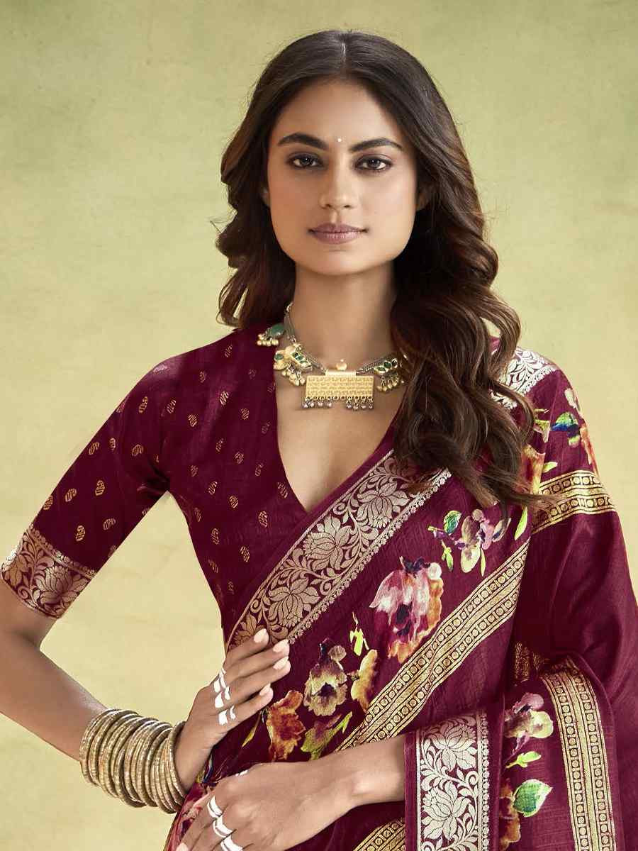 Marron Silk Printed with Handwoven Festival Wedding Fancy Heavy Border Saree