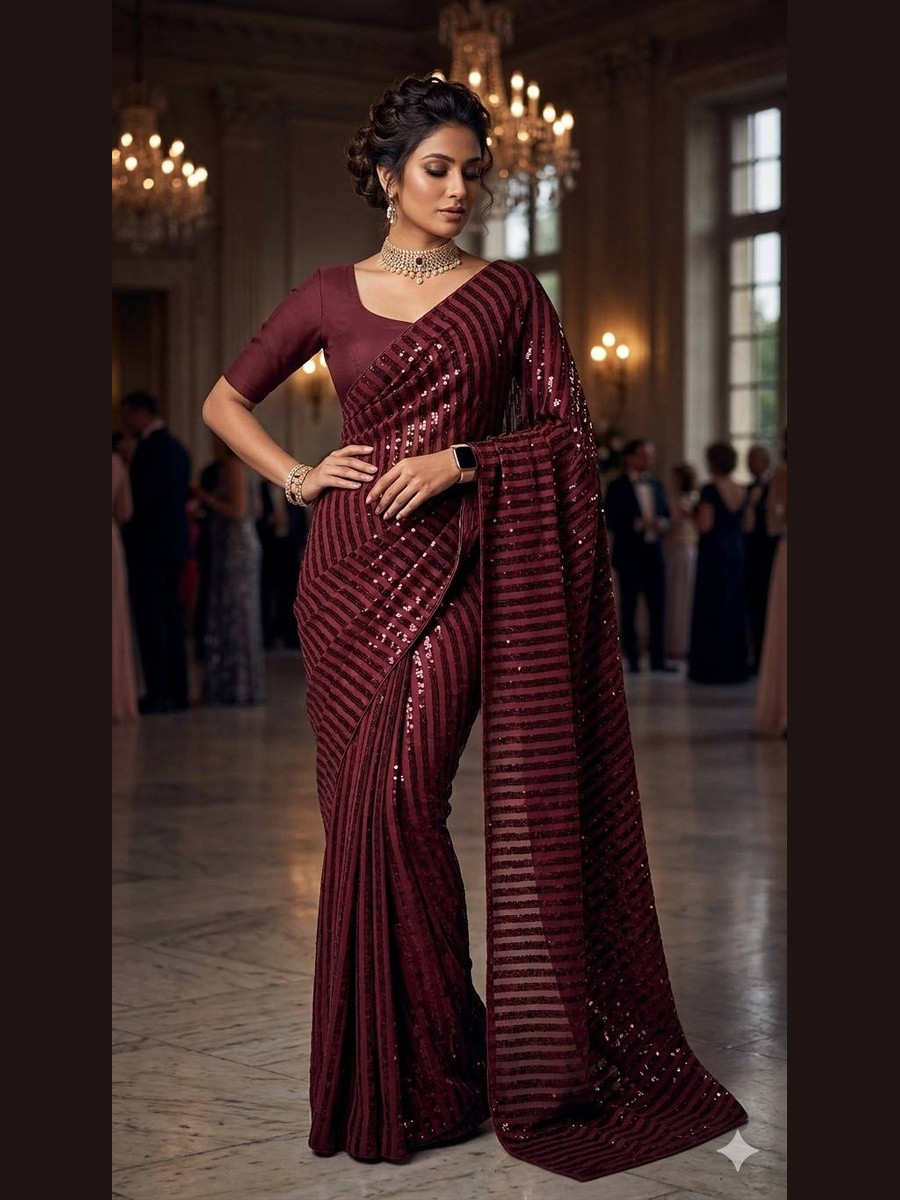 Marron Silk Sequins Wedding Reception Party Festival Casual Heavy Border Sarees