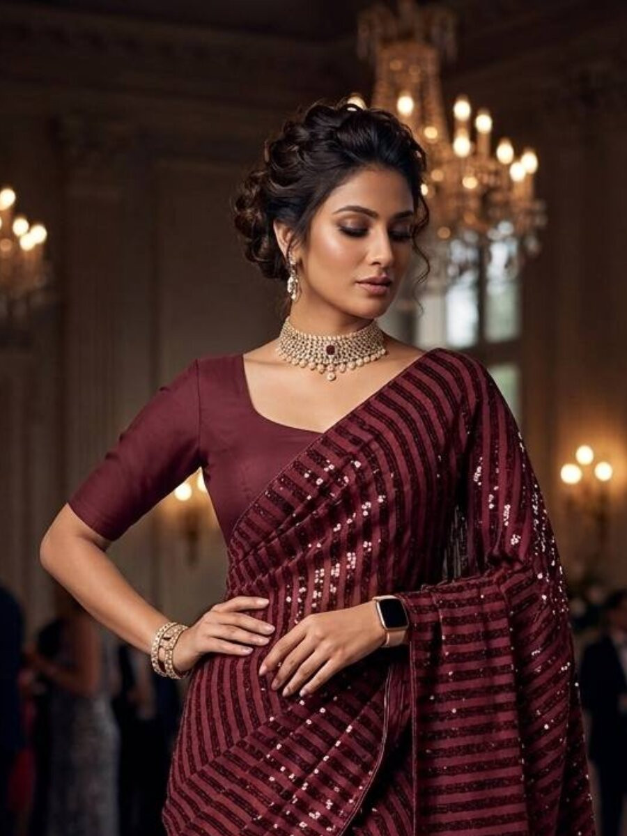 Marron Silk Sequins Wedding Reception Party Festival Casual Heavy Border Sarees