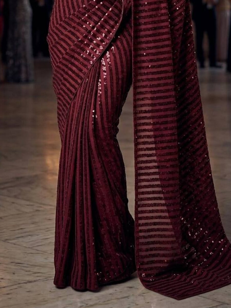 Marron Silk Sequins Wedding Reception Party Festival Casual Heavy Border Sarees