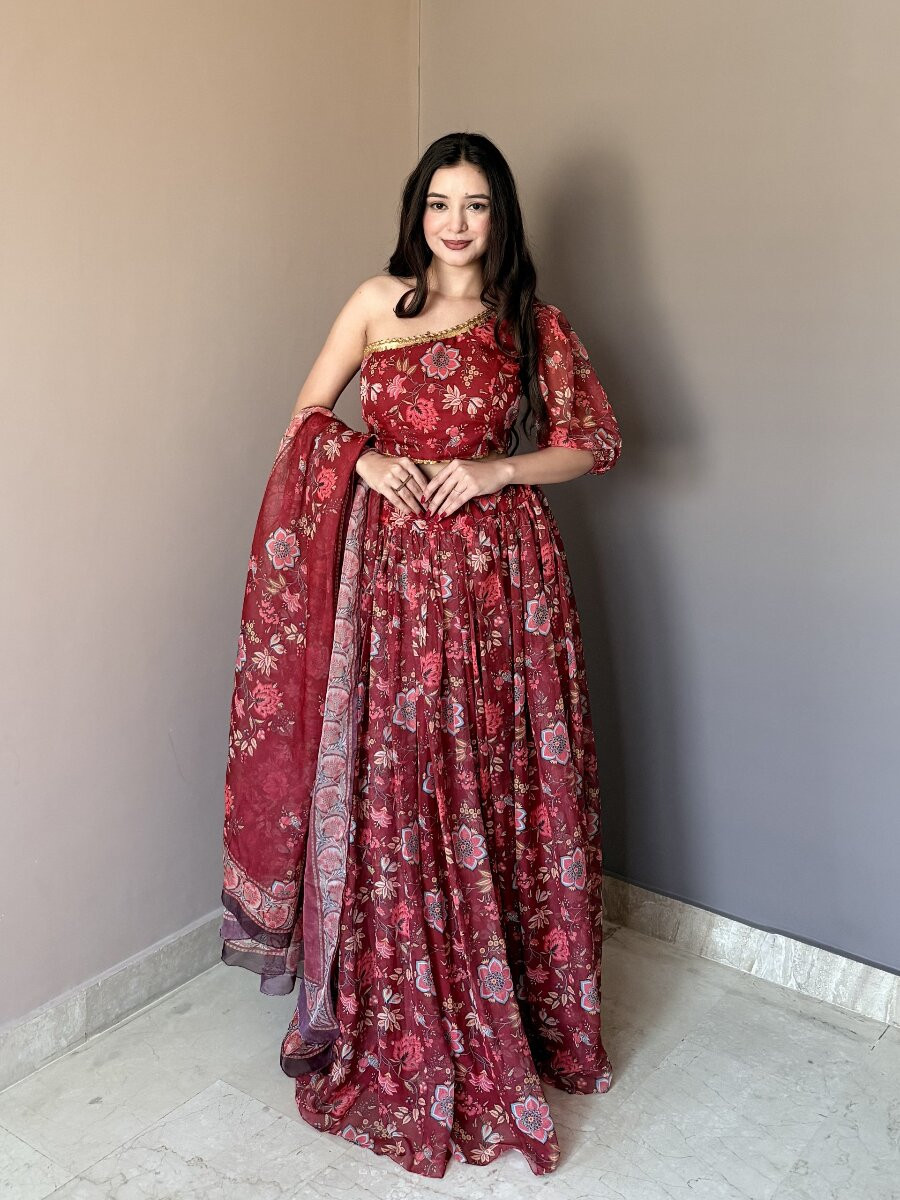 Marron Soft Georgette Floral Printed Wedding Party Festival Traditional Lehenga Choli