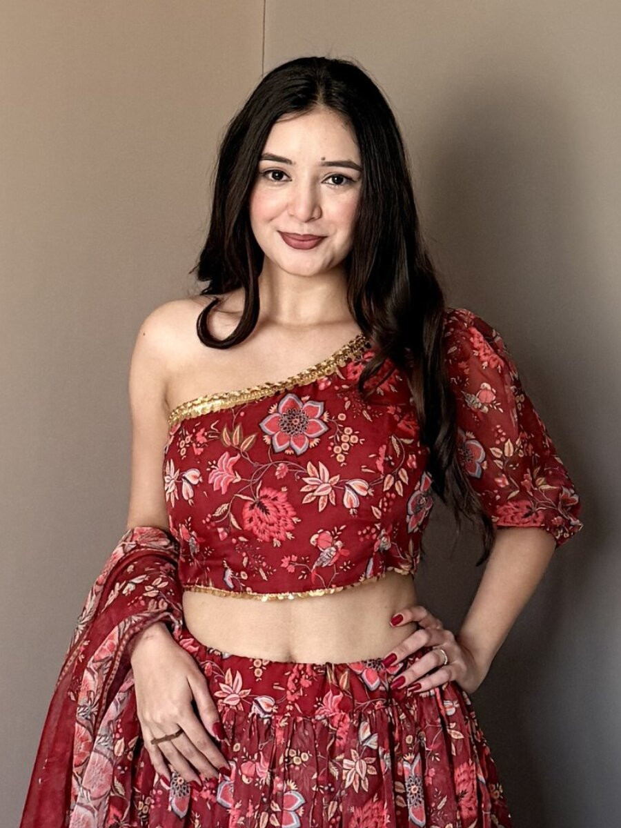 Marron Soft Georgette Floral Printed Wedding Party Festival Traditional Lehenga Choli