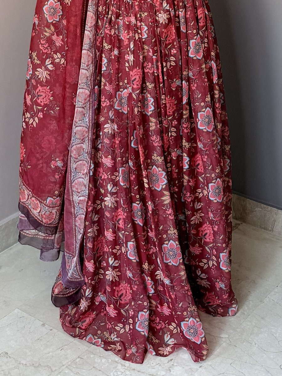 Marron Soft Georgette Floral Printed Wedding Party Festival Traditional Lehenga Choli