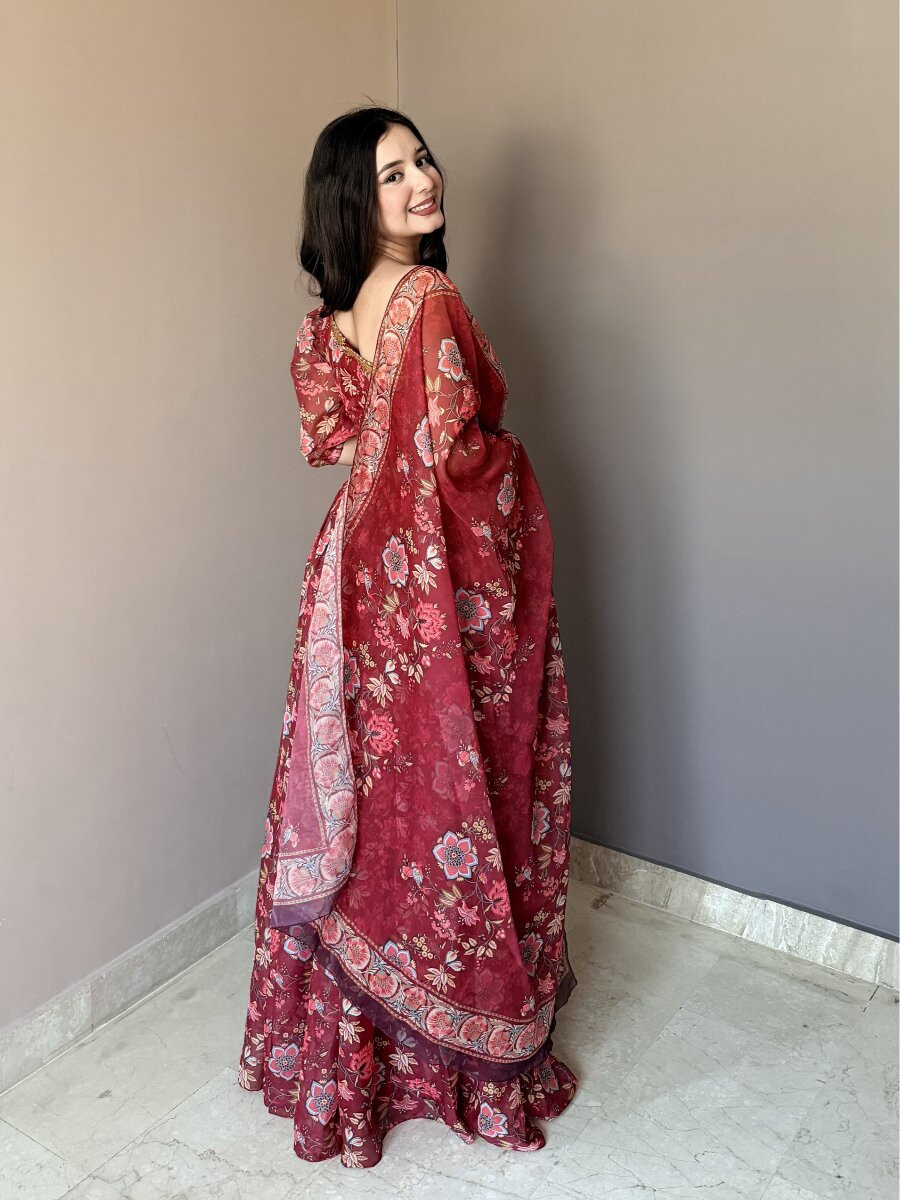 Marron Soft Georgette Floral Printed Wedding Party Festival Traditional Lehenga Choli