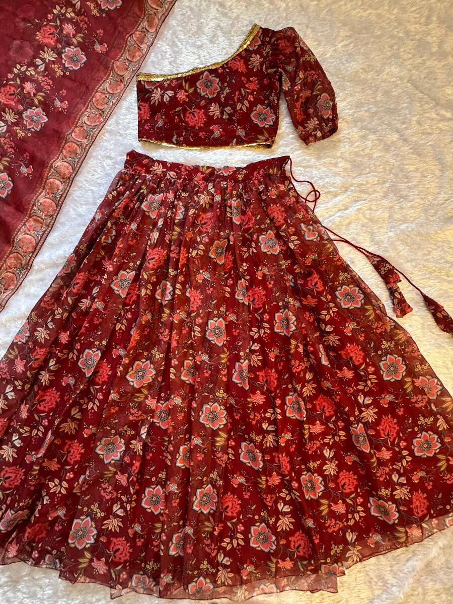 Marron Soft Georgette Floral Printed Wedding Party Festival Traditional Lehenga Choli