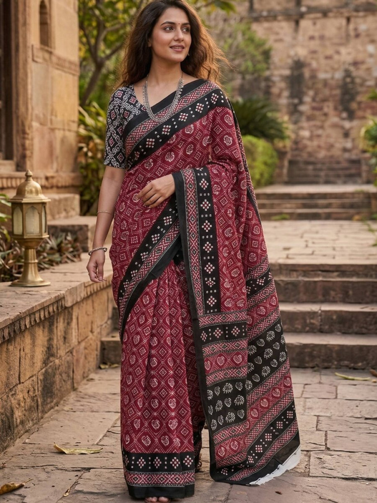 Image of Marron Soft Pure Cotton Printed Party Festival Casual Classic Style Sarees