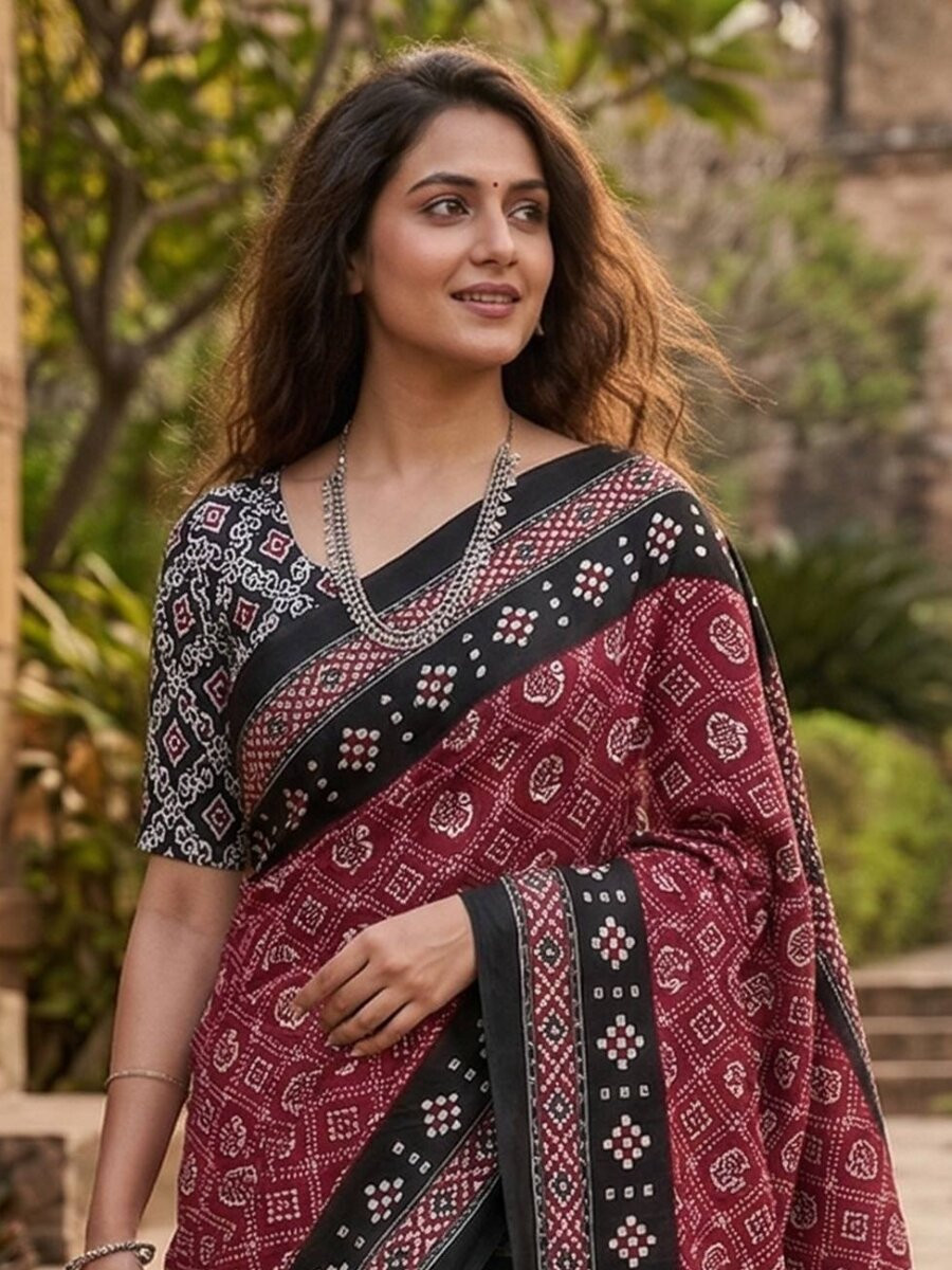 Marron Soft Pure Cotton Printed Party Festival Casual Classic Style Sarees