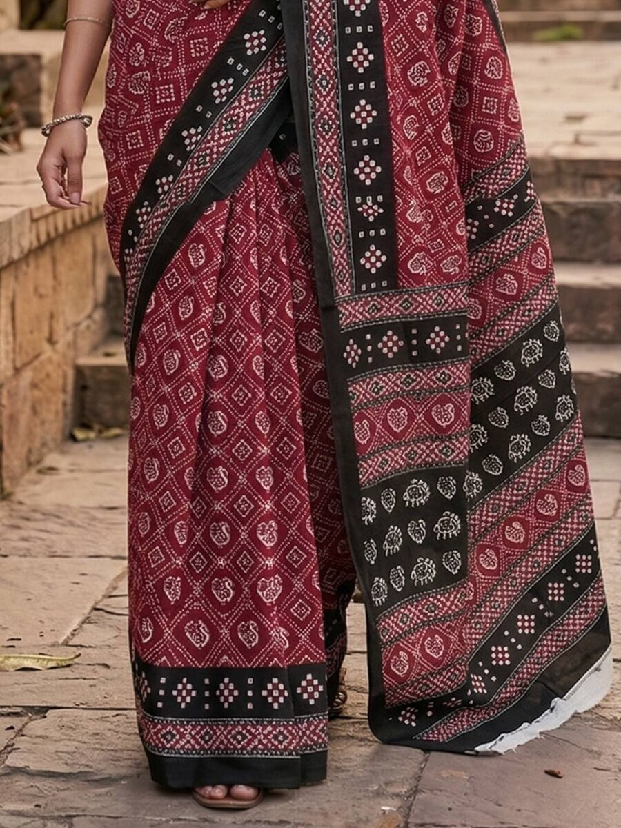 Marron Soft Pure Cotton Printed Party Festival Casual Classic Style Sarees