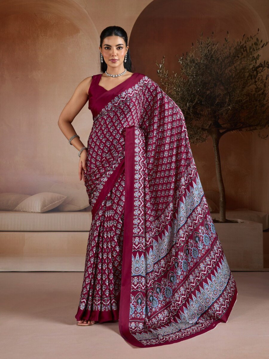 Marron Soft Satin Georgette Printed Wedding Reception Party Festival Casual Heavy Border Sarees