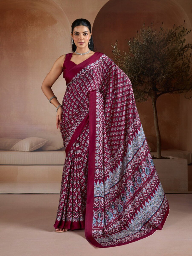 Image of Marron Soft Satin Georgette Printed Wedding Reception Party Festival Casual Heavy Border Sarees