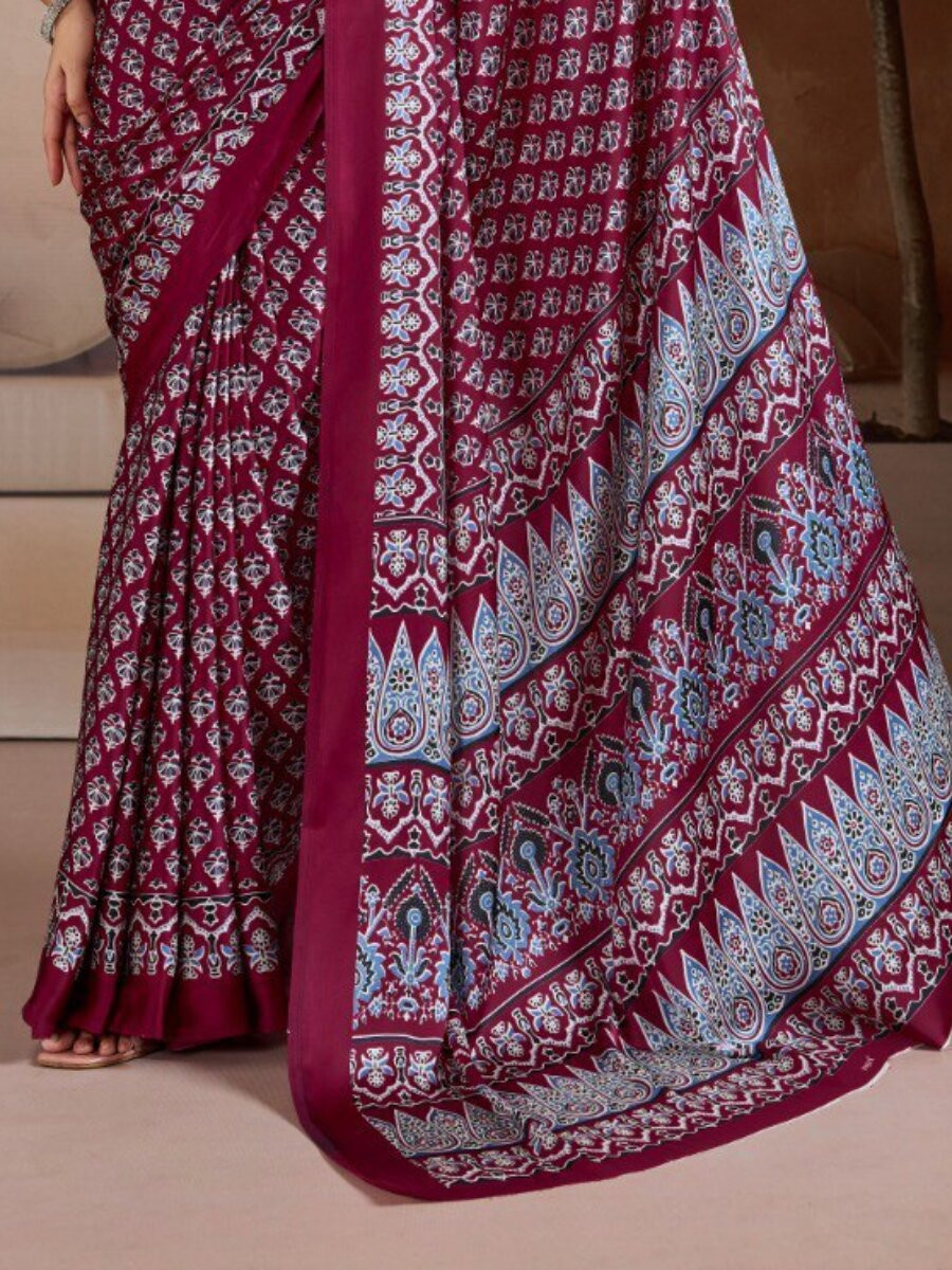 Marron Soft Satin Georgette Printed Wedding Reception Party Festival Casual Heavy Border Sarees