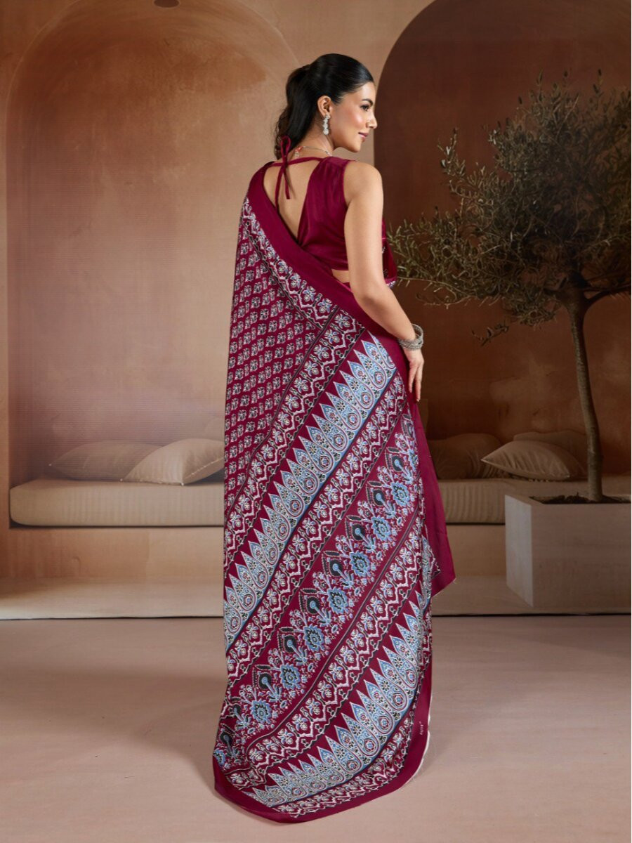 Marron Soft Satin Georgette Printed Wedding Reception Party Festival Casual Heavy Border Sarees