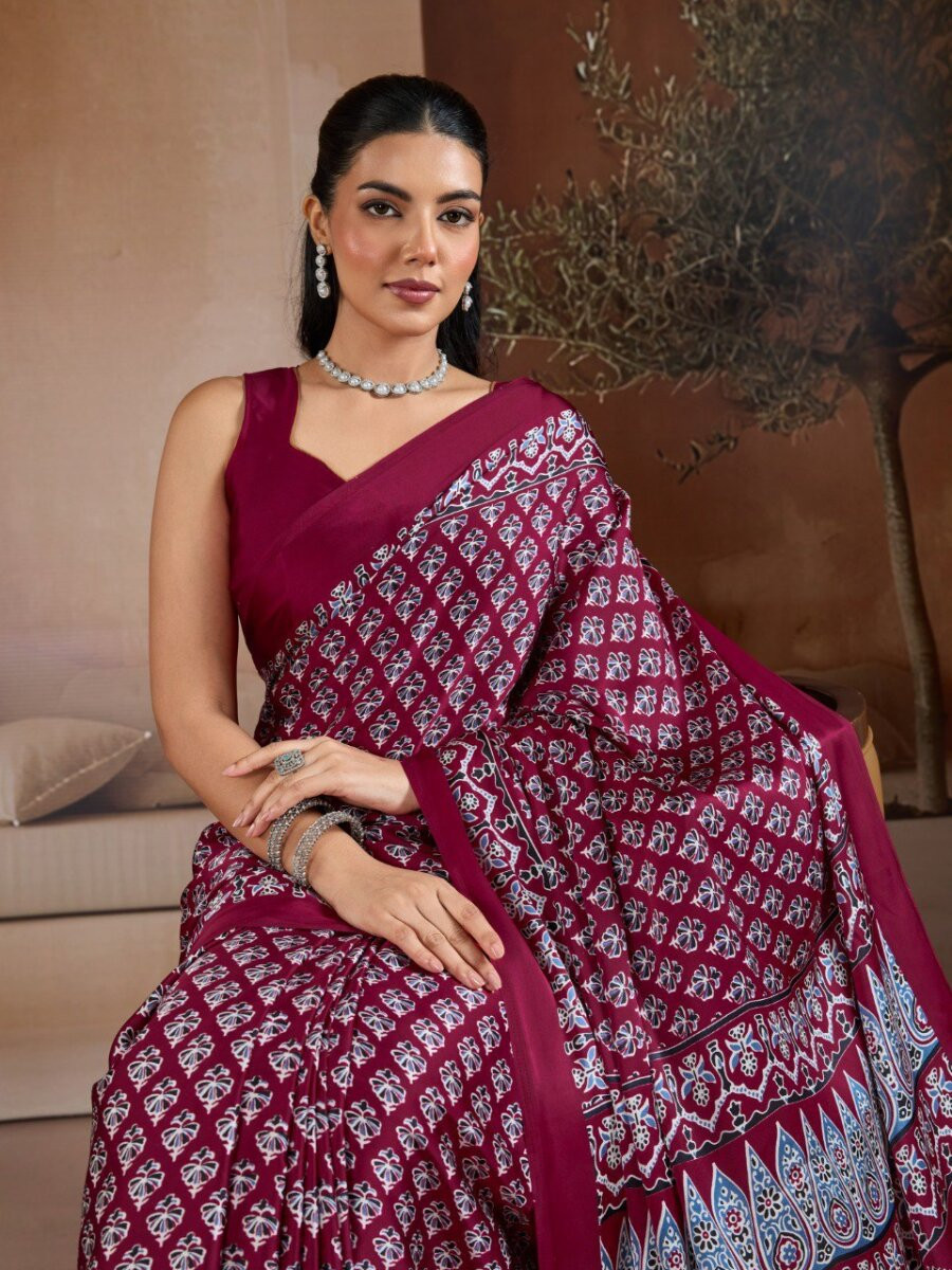 Marron Soft Satin Georgette Printed Wedding Reception Party Festival Casual Heavy Border Sarees