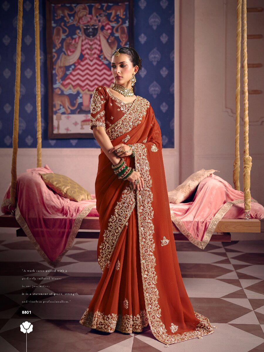 Marron Tissue Silk Embroidery Sequins Zari Wedding Party Festival Casual Heavy Border Sarees