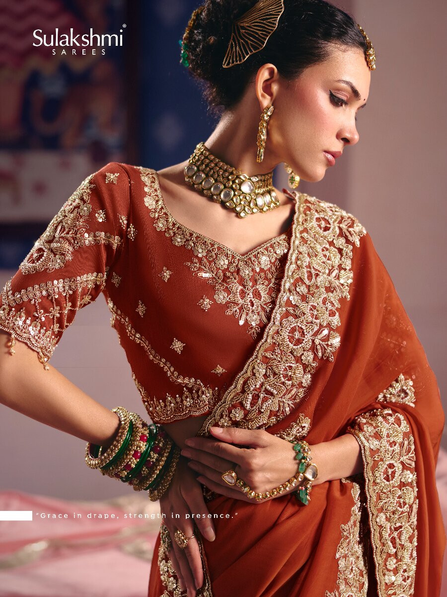 Marron Tissue Silk Embroidery Sequins Zari Wedding Party Festival Casual Heavy Border Sarees