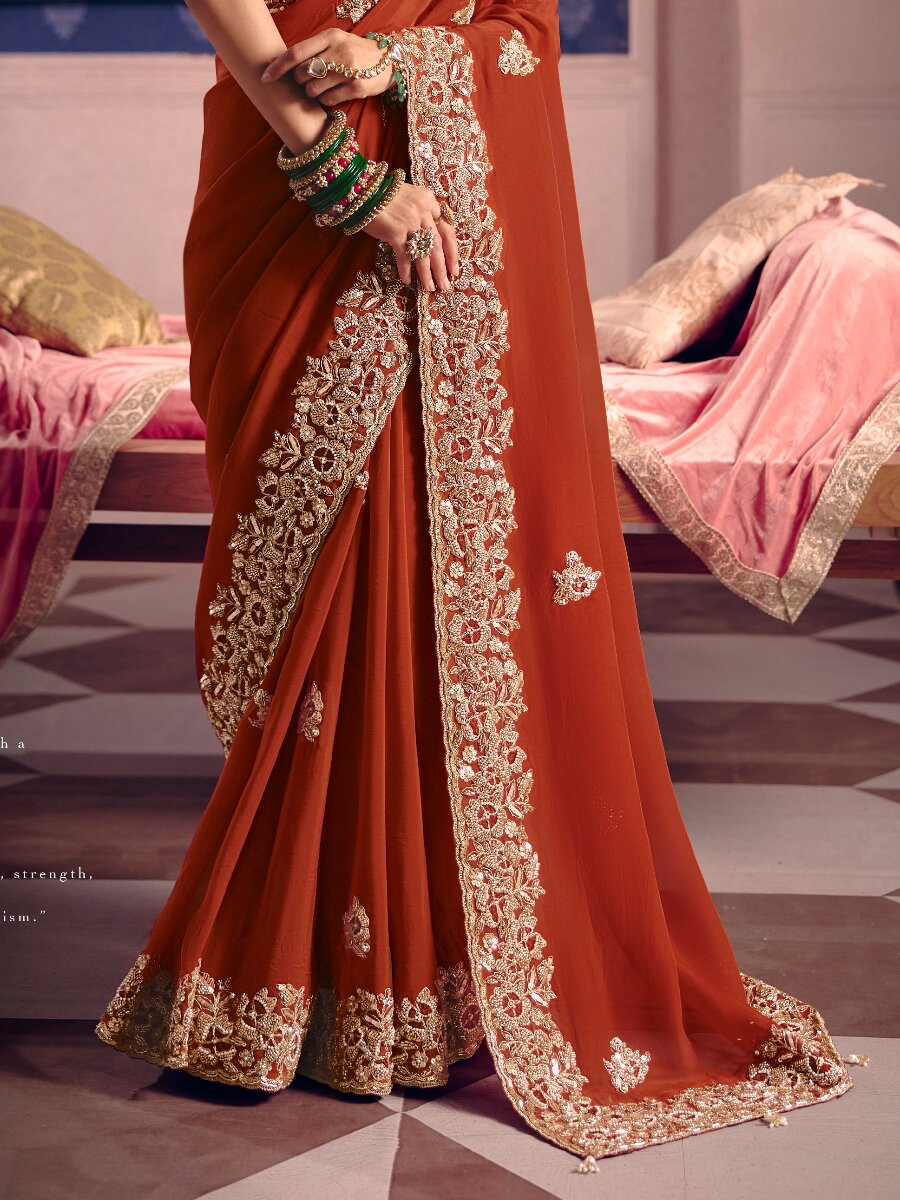 Marron Tissue Silk Embroidery Sequins Zari Wedding Party Festival Casual Heavy Border Sarees